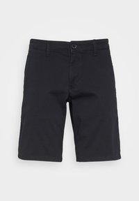 Pantalones cortos de algodón negros con cierre de botón, passadores para cinturón y bolsillos frontales. Corte recto con una textura lisa y sin patrones visibles.