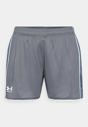 Gray athletic shorts with an elastic waistband, white side stripes, and an Under Armour logo in white at the lower left leg.