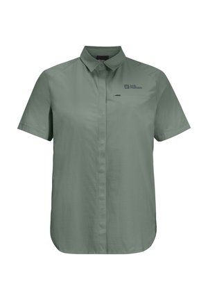 Short-sleeve, button-up shirt in muted green, made of lightweight fabric. Features a chest pocket and a small logo on the upper left side.