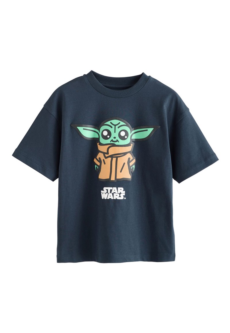 Dark navy cotton t-shirt featuring a cartoon character with green skin and large eyes, wearing a brown robe, with "Star Wars" text below.