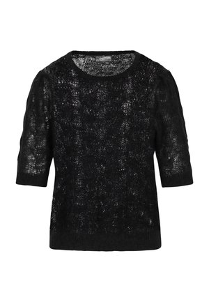 Black knitted sweater with short puff sleeves, featuring a lace-like texture and round neckline. Constructed from lightweight, sheer material.