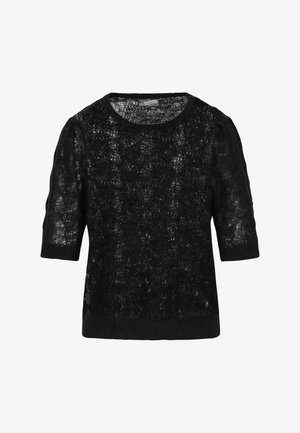 Juoda megzta suknelė su trumpomis pūstomis rankovėmis, turinti nėriniams panašią tekstūrą ir apvalų kaklą. Pagaminta iš lengvos, permatomos medžiagos.