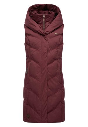 Maroon sleeveless puffer vest with a large hood, featuring chevron quilted design, zippered front, and side pockets. Textured fabric finish.
