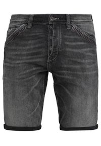 Ciemnoszare dżinsowe szorty z guzikowym zapięciem, przednimi kieszeniami, szlufkami na pasek i podwiniętymi nogawkami.