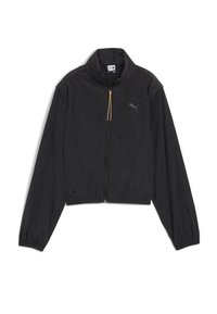 Veste noire courte en matériau léger. Présente un col haut, une fermeture éclair avec des accents dorés et un petit logo sur la poitrine.