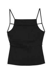 Top senza maniche nero in tessuto liscio, con spalline sottili e design aderente con vita arricciata e dettagli di branding minimi.