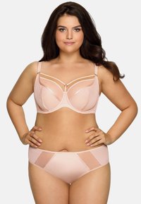 Ljusrosa bh med genomskinliga paneler, underwire-stöd, dekorativa remmar och scallopkant; matchande rosa trosa med mesh-detaljer.