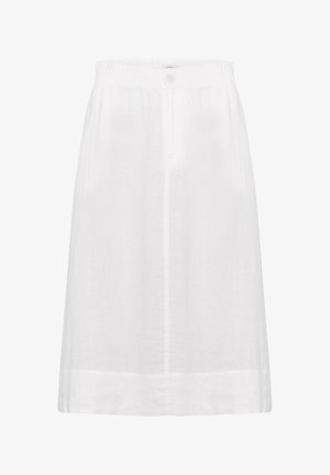 White linen skirt featuring a relaxed fit, elastic waistband, and a front button closure with a vertical seam detail.