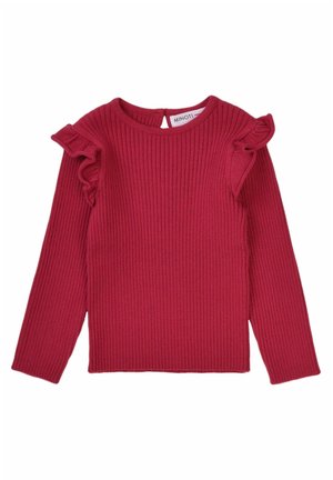 Suéter de punto acanalado de manga larga para niño en rojo intenso, con detalles de volantes en los hombros y un pequeño cierre con botón en la parte trasera.