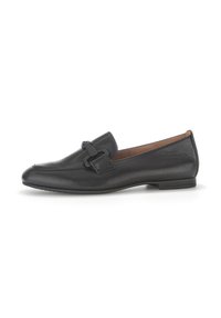 Black leather loafers with a rounded toe and a decorative buckle detail. Flat sole, smooth texture, and low-profile design.