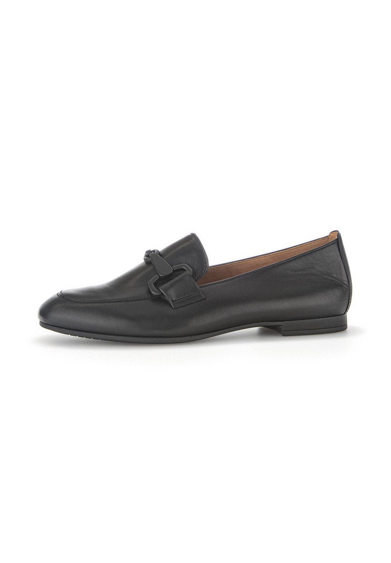 Black leather loafers with a rounded toe and a decorative buckle detail. Flat sole, smooth texture, and low-profile design.