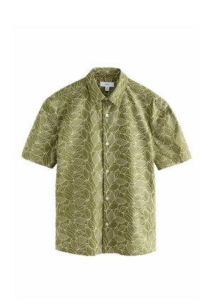 Short-sleeve shirt in olive green fabric featuring a white leaf pattern, collared design, and front button closure.