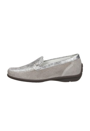 Gray suede loafer with metallic silver upper and trim, stitched detail, and black rubber sole, shown in side profile on white background.