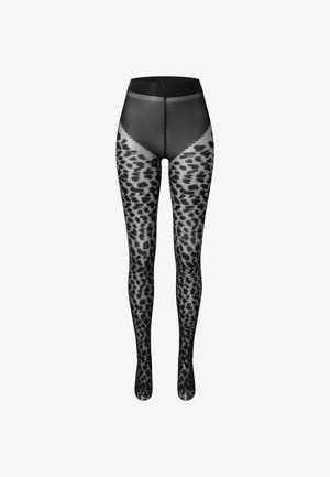 Collants à imprimé léopard avec une taille noire et des jambes transparentes au design texturé. Le matériau semble extensible et ajusté.