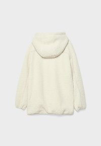Cremfarbener Fleece-Jacke mit Kapuze, weichem Material, langen Ärmeln und lockerer Passform. Die Rückansicht zeigt ein nahtloses Design.