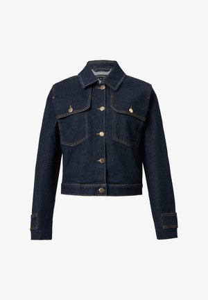 Ciemnoniebieska dżinsowa kurtka o kroju krótko, ze złotymi elementami, dwoma kieszeniami na piersi i spiczastym kołnierzem. Posiada kontrastowe szwy i zapięcia na guziki.