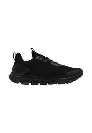 Schwarzer Sportschuh mit einem atmungsaktiven Mesh-Obermaterial und strukturiertem Profil, ausgestattet mit Schnürsenkeln und einer Schlaufe an der Ferse für einfaches Anziehen.