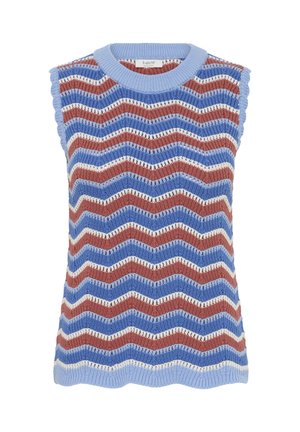 Varrukata vaba kudumiskampsun koos laineliste triipudega sinises, roostes ja kreemis, millel on soonikuga krae ning lainelised servad varrukatel ja äärel.