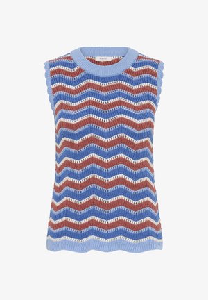 Vestă tricotată fără mâneci cu dungi unduitoare în albastru, ruginiu și crem, având guler cu rețea și margini ondulate la mâneci și tiv.