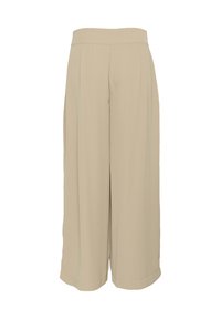 Pantaloni beige a gamba larga realizzati in tessuto morbido, dotati di una cintura elastica alta e pieghe, con un orlo che arriva fino alla caviglia.