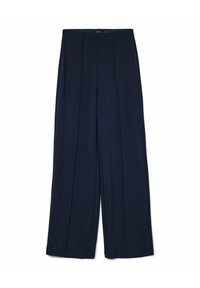 Pantalons à jambes larges en tissu bleu marine foncé, avec des plis à l'avant, une texture lisse et un ourlet propre sans matériel visible.