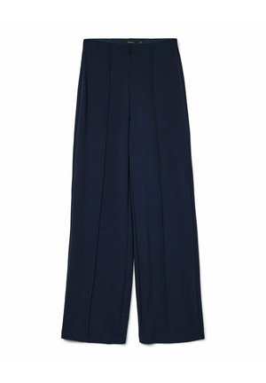 Pantalones de pierna ancha en tejido azul marino oscuro, con pliegues frontales, una textura suave y un dobladillo limpio sin hardware visible.