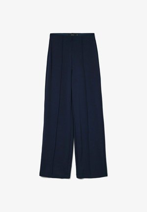 Pantalons à jambes larges en tissu bleu marine foncé, avec des plis à l'avant, une texture lisse et un ourlet propre sans matériel visible.