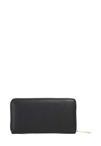Black leather wallet featuring a smooth texture, rectangular shape, zip closure, and a small gold hardware accent.