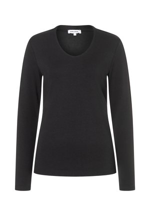 Chemise noire à manches longues avec un décolleté en V, fabriquée dans un tissu doux, présentant un design ajusté, une texture lisse et un minimalisme dans les détails.