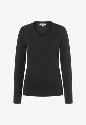Black long-sleeve shirt with a v-neckline, made of soft fabric, featuring a fitted design, smooth texture, and minimal detailing.