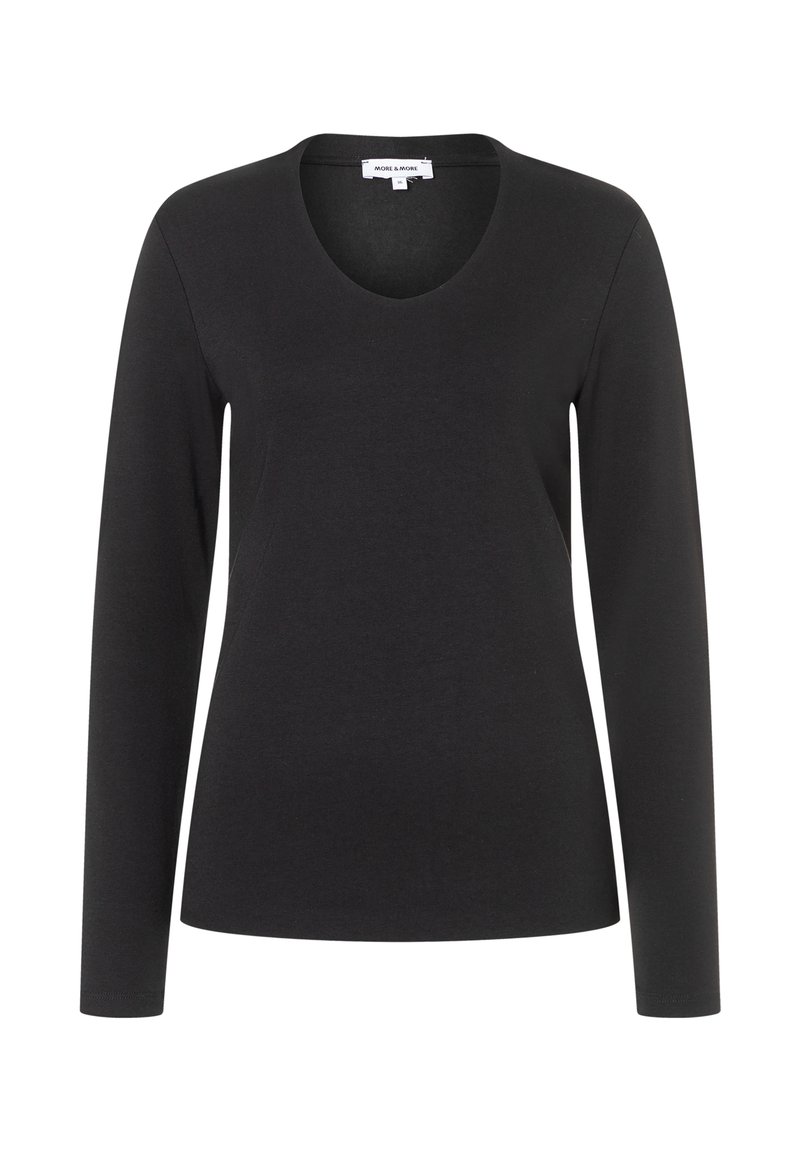 Schwarzes Langarmshirt mit V-Ausschnitt, aus weichem Stoff gefertigt, mit taillierter Passform, glatter Textur und minimalen Details.