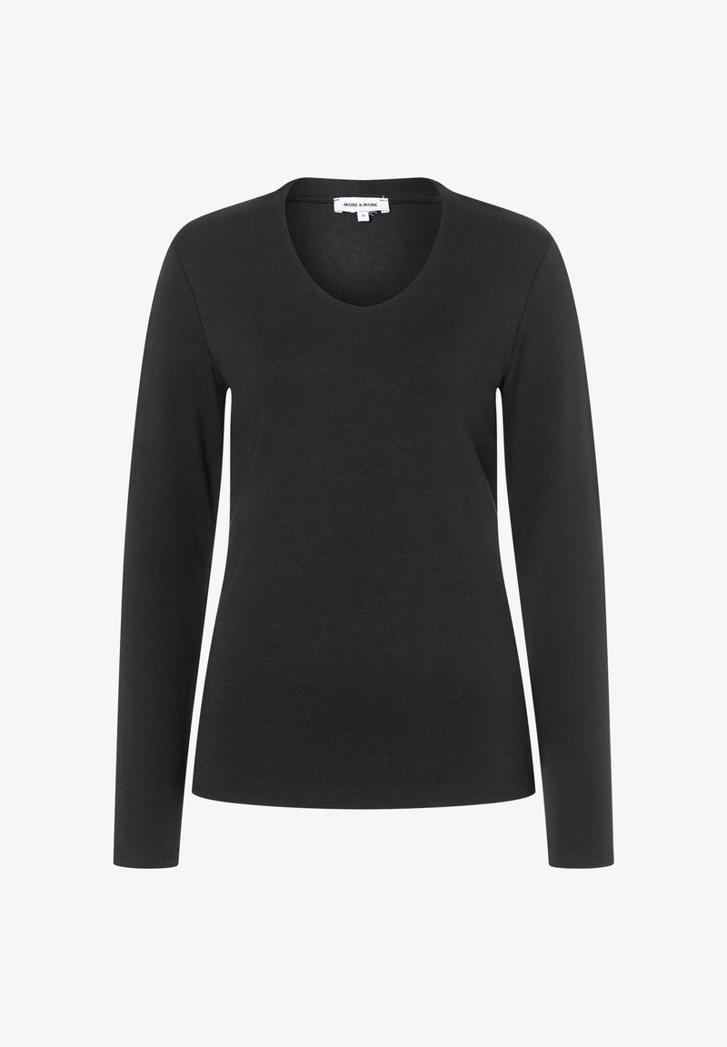 Schwarzes Langarmshirt mit V-Ausschnitt, aus weichem Stoff gefertigt, mit taillierter Passform, glatter Textur und minimalen Details.