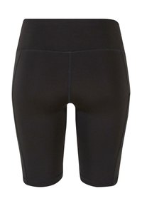 Pantalones cortos deportivos negros hechos de tela elástica, con una cintura alta y costuras planas. Diseño limpio sin logotipos ni patrones visibles.