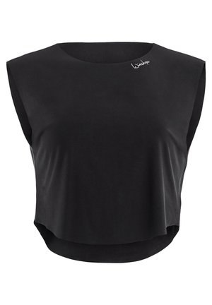 Black cropped sleeveless top featuring a round neckline, smooth texture, and a small signature logo on the front.