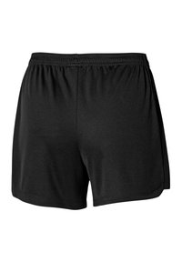 Pantaloni sportivi neri con vita elastica, texture liscia e vestibilità ampia. Nessun motivo visibile o dettagli metallici.