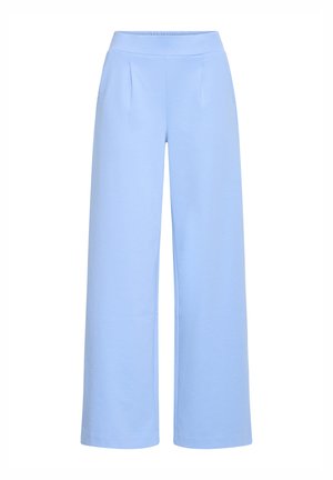 Pantalon large à taille haute bleu clair avec plis sur le devant et taille élastique.