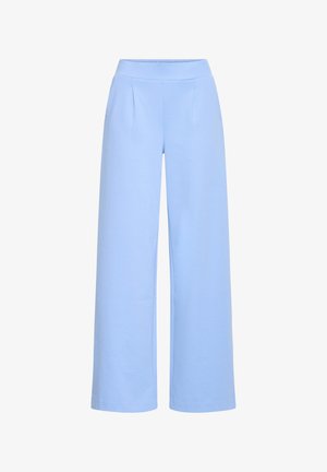 Pantalon large à taille haute bleu clair avec plis sur le devant et taille élastique.