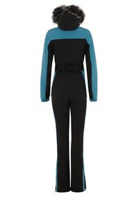 Zwart en teal skikostuum met een afneembare capuchon en nepbont afwerking. Voorzien van een ceintuur in de taille en elastische manchetten, ontworpen voor warmte en bewegingsvrijheid.