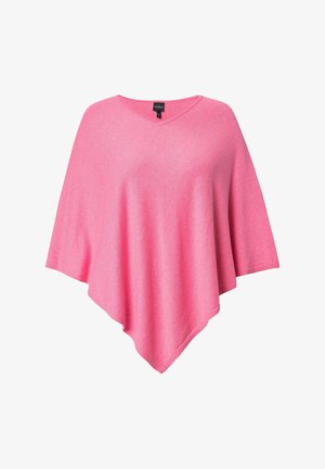Różowy ponczo z dekoltem w kształcie litery V, o luźnym kroju i trójkątnym kształcie. Wykonane z miękkiego materiału o gładkiej fakturze.