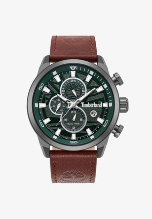 Reloj cronógrafo con una esfera verde con patrón, marcadores de hora plateados y correa de cuero marrón. Las características incluyen múltiples subesferas y doble horario.