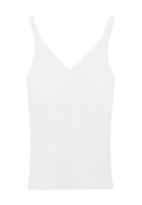 Top bianco senza maniche con spalline sottili, scollatura a V, design aderente e texture a coste. Il materiale sembra morbido e leggero.