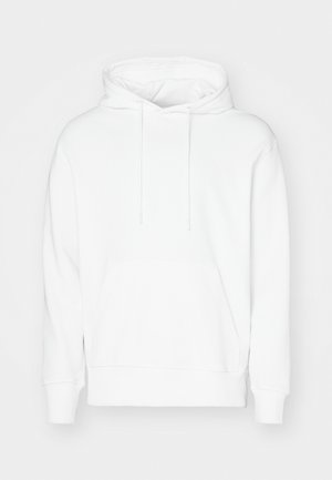 White hoodie made of cotton blend, featuring a kangaroo pocket, drawstring hood, ribbed cuffs, and minimal branding on the chest.