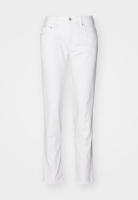 Bílé džínové kalhoty, střih rovné nohavice, pět kapes, stříbrné kovové doplňky, zapínání na knoflík a jemná textura. Čistý, nenápadný vzhled.