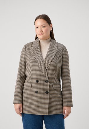 Dubbelzijdig blazer in een zwart-beige houndstooth patroon, met een scherp colbert, voorzakken en zwarte knopen. Geweven stof.