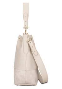 Beige nahkalaukku, jossa on teksturoitu vaaleampi pohja, kultaiset yksityiskohdat ja irrotettava olkahihna. Omistaa nyörisulun ja sivuommeltu.