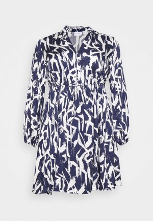 Marineblaues und weißes abstraktes Muster, langärmeliges Kleid mit V-Ausschnitt und verstellbarem Taillengürtel.