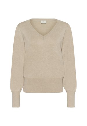 Pull en V beige avec des manches longues, des poignets côtelés et un ourlet côtelé. Fabriqué en matériau doux avec une texture subtile et une coupe décontractée.