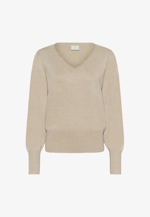 Pull en V beige avec des manches longues, des poignets côtelés et un ourlet côtelé. Fabriqué en matériau doux avec une texture subtile et une coupe décontractée.