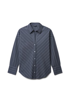 Dunkelgraues Langarmshirt mit vertikalen weißen Streifen. Verfügt über einen klassischen Kragen, Knopfleiste und einen lockeren Schnitt. Glatte Stoffstruktur.