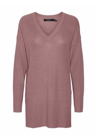 Pull tricot à manches longues en mauve doux avec un col en V et une coupe décontractée, doté de poignets et d'un ourlet côtelés.